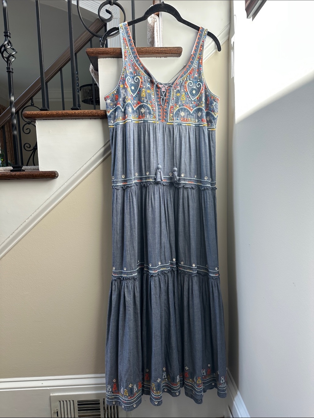 Calypso St. Barth Denim-Blue Embroidered Tiered Maxi Dress